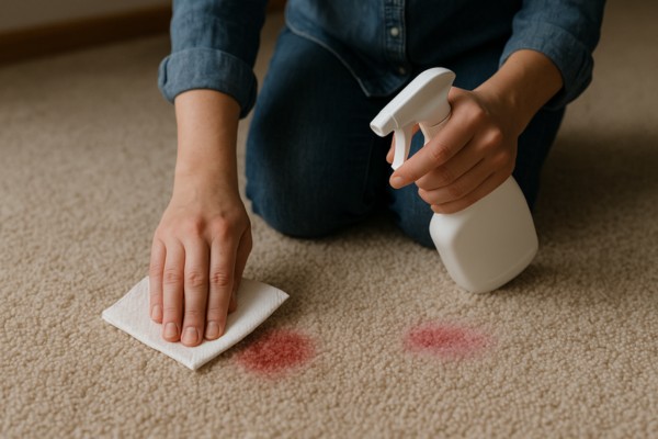 Person cleaning red stain on carpet with spray and cloth.
