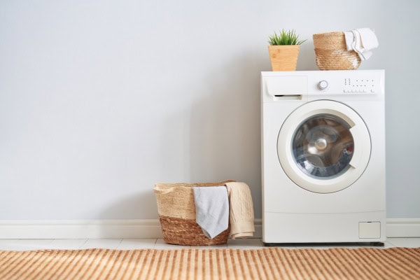 Washing machine with baskets, plant, and towels on rug.