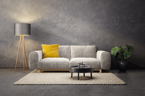 Modern living room with sofa, lamp, plant, and rug.